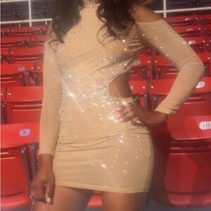 Nude Crystal-Embellished Cutout Mini Dress